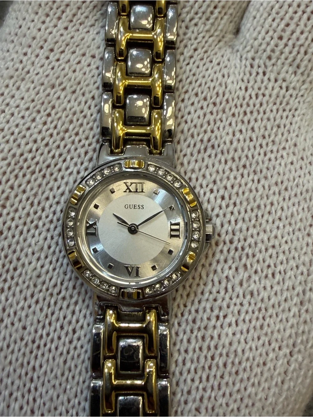 Guess Women's Two-Tone Crystal Bezel Watch Silver Dial Roman Numerals G75479L